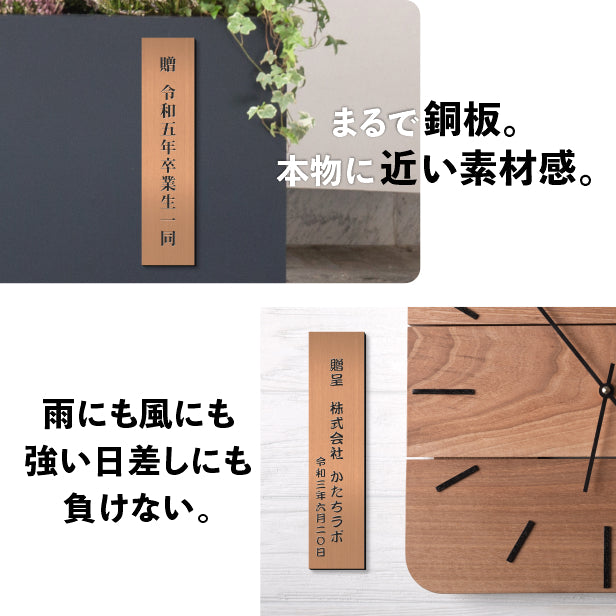 寄贈プレート 縦型 S 150×35 銅板風 ブロンズ 表題 題名 名入れ プレート ネームプレート 卒業 卒園 記念品 寄贈品 額縁 オーダー おしゃれ 文字 メッセージ ロゴ 彫刻 刻印 ギフト プレゼント タイトル 見出し 標題 シール式 銅 レーザー彫刻 アクリル製 (配送2)