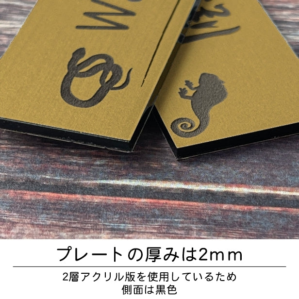 表札 ネームプレート 爬虫類 両生類 真鍮風 ゴールド 180×40 L カエルやヘビ トカゲ ヤモリ やイグアナ 亀やカメレオン イグアナやウーパールーパーのシルエットがユニーク 戸建 マンションの表札として門柱やポストに シール式 取付け簡単 金 アクリル製 屋外対応 (配送2)
