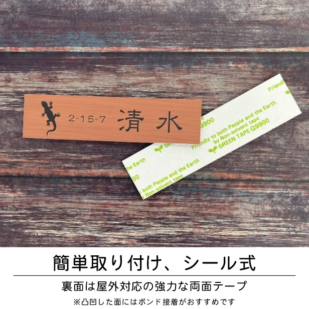表札 ネームプレート 爬虫類 両生類 銅板風 ブロンズ 150×35 M カエルやヘビ トカゲ ヤモリ やイグアナ 亀やカメレオン イグアナやウーパールーパーのシルエットがユニーク 戸建 マンションの表札として門柱やポストに シール式 取付け簡単 アクリル製 屋外対応 (配送2)