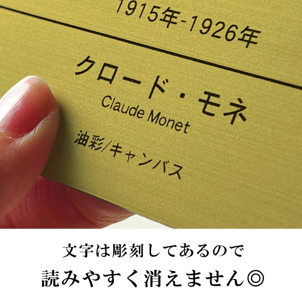 【刻印無料】キャプションボード 100×60mm【小さめ】5行用 真鍮風 ゴールド 額縁プレート 題名 美術館 個展 展示会 ギャラリー アート 絵画 額 作品 タイトル名 製作物 展示物 おしゃれ 貼るだけシール式 金 文字は消えない彫刻 軽くて丈夫な日本製 (配送2)
