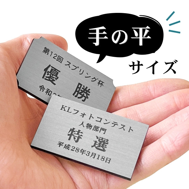 優勝・記念品プレート ステンレス調 シルバー 50×30mm 大会 コンテスト イベント ホールインワン賞 社員表彰 様々な記念品に貼れる おしゃれ トロフィー 記念写真 楯などにオススメ 文字は消えない彫刻 錆びずにいつまでもキレイなアクリル製 シール式 銀 (配送2)