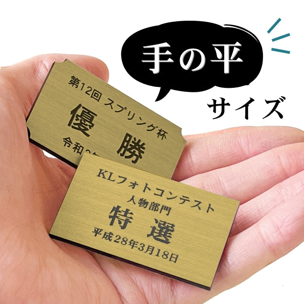 優勝・記念品プレート 真鍮風 ゴールド 50×30mm 大会 コンテスト イベント ホールインワン賞 社員表彰 様々な記念品に貼れる おしゃれ トロフィー 記念写真 楯などにオススメ 文字は消えない彫刻 錆びずにいつまでもキレイなアクリル製 シール式 金 (配送2)