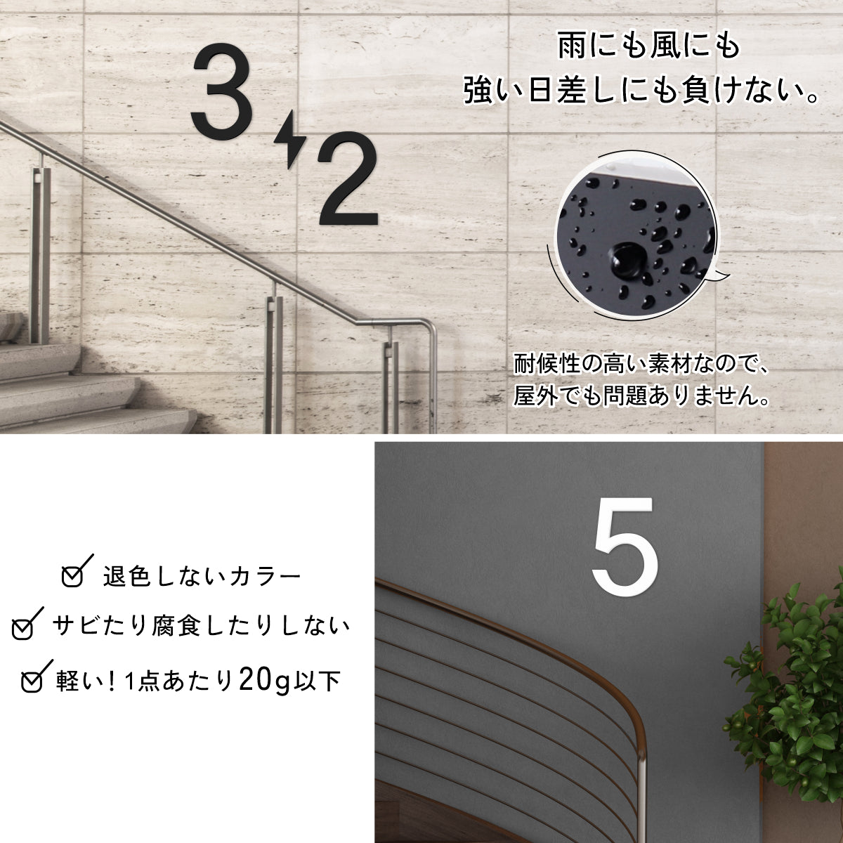 階数表示板 階段 数字 15cm サイン 階数表示 プレート ブラック ホワイト 黒 白 ゴシック体 立体 ビル 屋上 ステッカー 切り文字 番号 棟数 艶消し 軽い 丈夫 屋外対応 日本製 貼るだけシール式 (配送2)