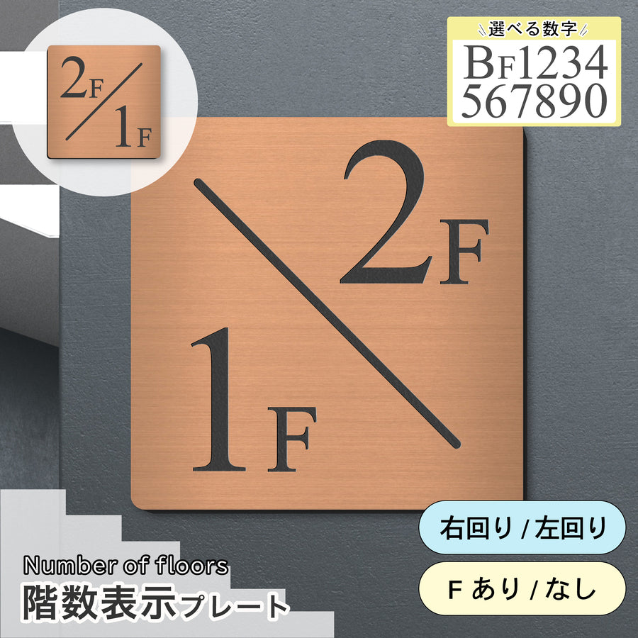 アンティークな風合いが魅力のブロンズ(銅板風)階数表示板。アパートの階段踊り場や廊下案内に馴染む落ち着いた色合い。150角?300角の4サイズ展開で、暗めの照明下でも数字がはっきり見える意匠銘板。