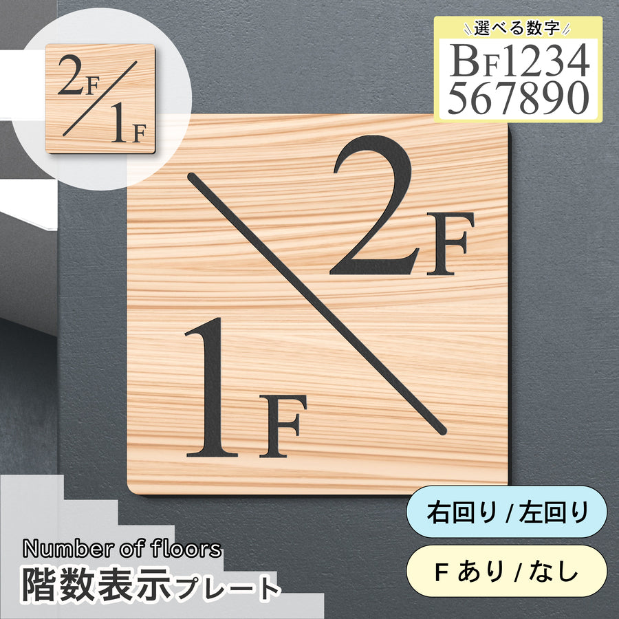 建物の内装デザインに調和する木目調の階数表示サイン。15cm?30cmの4サイズ展開。階段踊り場に木の温もりを添える、ナチュラルな案内プレート。軽くて丈夫なアクリル素材で、強力テープで貼るだけの簡単設置。