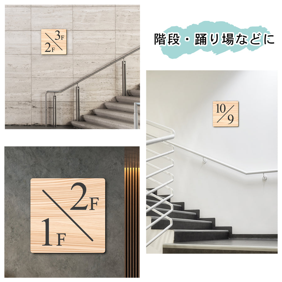 【〜12:00注文で当日発送】階数表示板 踊り場 2/1タイプ 階段 中間階 1.5階 階数表示プレート 数字 サイン 150角 200角 250角 300角 右回り 左回り 対応 看板 木目調 ウッド 15cm 30cm 特大 表示板 ナチュラル 屋外対応 シール式 日本製 (配送A)