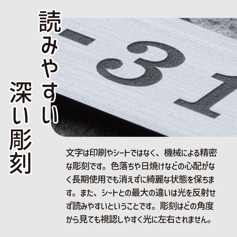 表札 番地プレート 門柱【数字のみ 1行専用】刻印無料 S-M 金属調 シルバー ステンレス調 ゴールド 真鍮風 ブロンズ 銅板風 プライバシーが守られる ポストの番地表示やマンションの部屋番号の表示 ドアやインターホンに貼るだけ 屋外対応 日本製アクリル (配送2)
