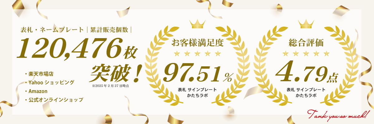 表札・ネームプレート累計販売個数120,476枚突破!お客様満足度97.51%、総合評価4.79点