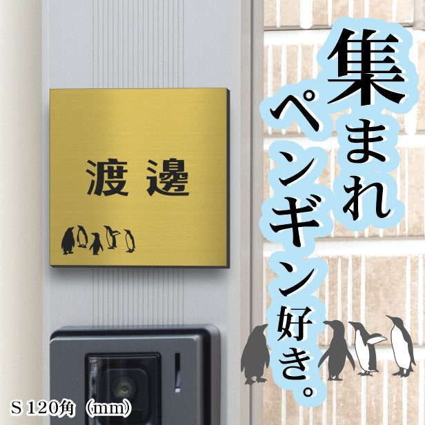 表札 ペンギン 真鍮風 120角(mm) S ゴールド 【名入れ無料】戸建 マンションの表札として ペンギン好き必見! コウテイペンギン イワトビペンギン エンペラー フンボルト 鳥 鳥類 表札 錆びずにいつまでもキレイなアクリル製 おしゃれな金色 屋外対応 (配送2)
