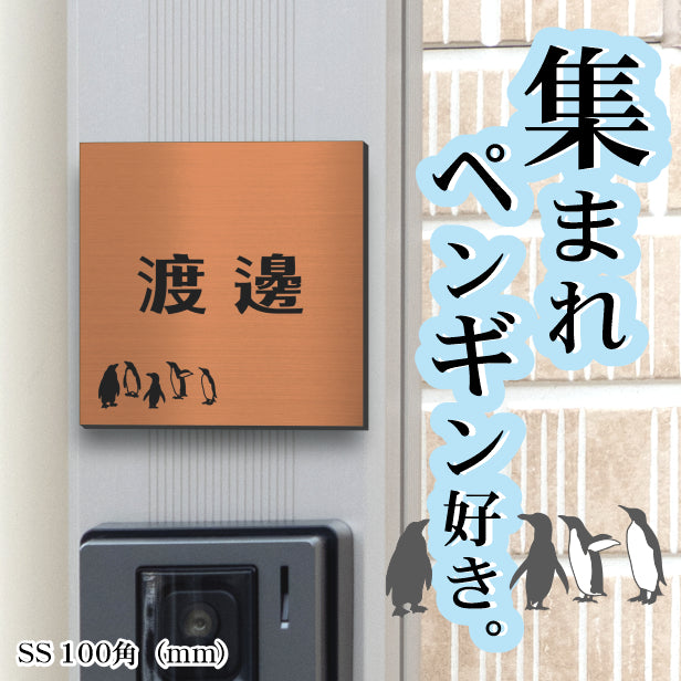 表札 ペンギン 銅板風 100角(mm) SS ブロンズ 【名入れ無料】戸建 マンションの表札として ペンギン好き必見! コウテイペンギン イワトビペンギン エンペラー フンボルト 鳥 鳥類 表札 錆びずにいつまでもキレイなアクリル製 おしゃれな銅色 屋外対応 (配送2)