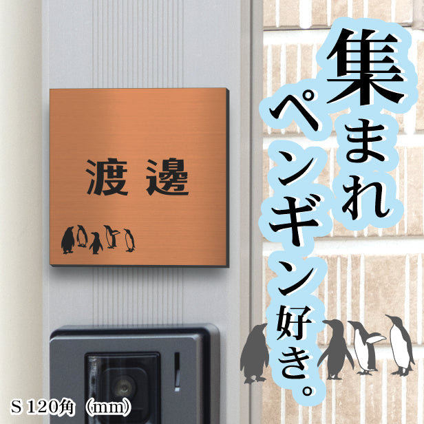 表札 ペンギン 銅板風 120角(mm) S ブロンズ 【名入れ無料】戸建 マンションの表札として ペンギン好き必見! コウテイペンギン イワトビペンギン エンペラー フンボルト 鳥 鳥類 表札 錆びずにいつまでもキレイなアクリル製 おしゃれな銅色 屋外対応 (配送2)