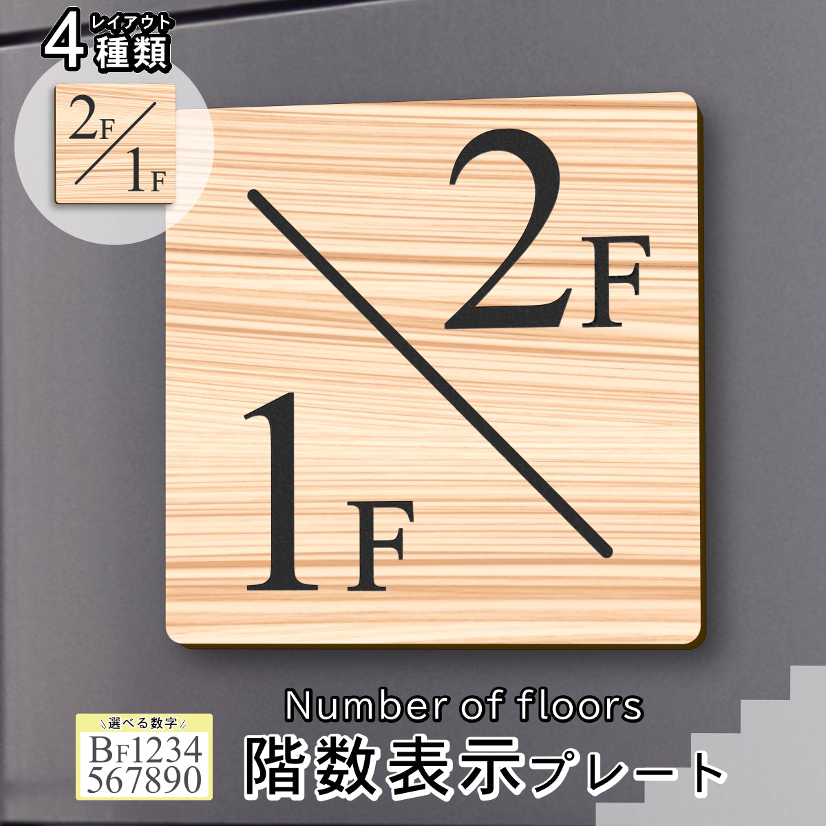 階数表示板 階段 数字 サイン 階数表示プレート メーカー【150角】木目調 フェイクウッド タイムズニューローマン 番号 ナンバー 四角 角が丸い 案内表示板 屋外対応 簡単シール式 日本製 (配送2)