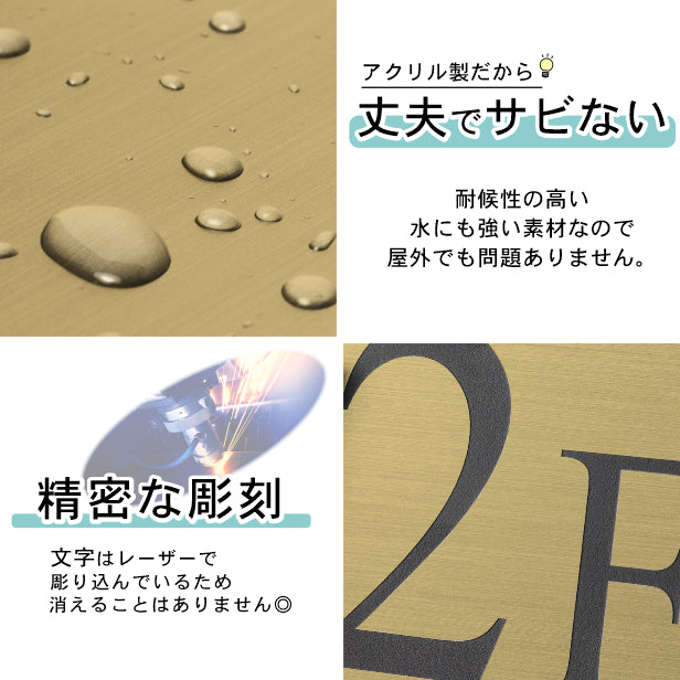 階数表示板 階段 数字 サイン 階数表示 プレート【150角】真鍮風 ゴールド 階数案内 メーカー 四角 デザイン 金 棟数 錆びない 軽くて丈夫 屋外対応 テープ付き 貼るだけでOK シール式 日本製 (配送2)