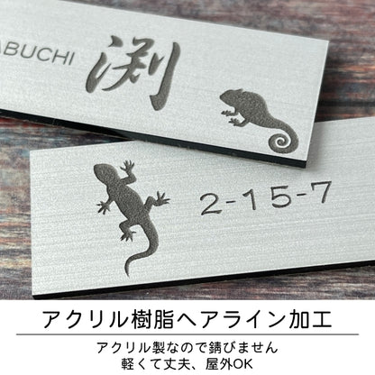 表札 ネームプレート 爬虫類 両生類 ステンレス調 シルバー 120×30 S カエルやヘビ トカゲ ヤモリ やイグアナ 亀やカメレオン イグアナやウーパールーパーのシルエットがユニーク 戸建 マンションの表札として門柱やポストに シール式 取付け簡単 アクリル製 屋外対応 (配送2)