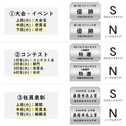 優勝・記念品プレート ステンレス調 シルバー 50×30mm 大会 コンテスト イベント ホールインワン賞 社員表彰 様々な記念品に貼れる おしゃれ トロフィー 記念写真 楯などにオススメ 文字は消えない彫刻 錆びずにいつまでもキレイなアクリル製 シール式 銀 (配送2)