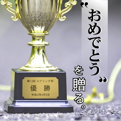優勝・記念品プレート 真鍮風 ゴールド 50×30mm 大会 コンテスト イベント ホールインワン賞 社員表彰 様々な記念品に貼れる おしゃれ トロフィー 記念写真 楯などにオススメ 文字は消えない彫刻 錆びずにいつまでもキレイなアクリル製 シール式 金 (配送2)