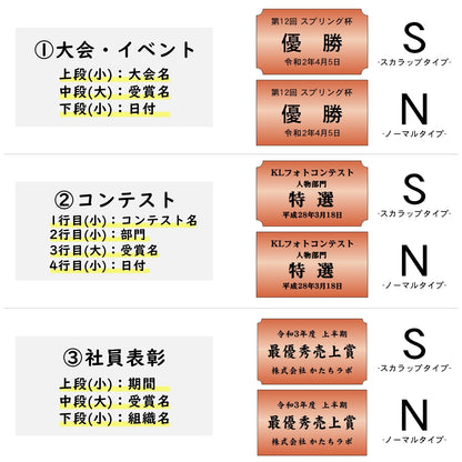 優勝・記念品プレート 銅板風 ブロンズ 50×30mm 大会 コンテスト イベント ホールインワン賞 社員表彰 様々な記念品に貼れる おしゃれ トロフィー 記念写真 楯などにオススメ 文字は消えない彫刻 錆びずにいつまでもキレイなアクリル製 シール式 銅 (配送2)