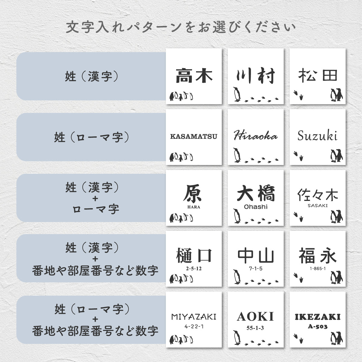 表札 ペンギン かわいい おしゃれ ステンレス調 マグネット オーダーメイド 4色 5サイズ 正方形 名入れ無料 ペンギン好き ポスト ドア 門柱 戸建 マンション 玄関 外壁 人気 木目調 テープ付 貼るだけ アクリル シール式 屋外 コウテイ イワトビ エンペラー フンボルト 鳥 (配送2)