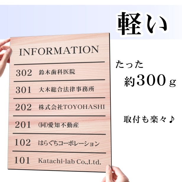 フロア案内板 木目調 400×300 M 名入れ無料 校正付き フェイクウッド ビルやテナントのサインボード オフィスや事務所のインフォメーションサイン エレベーターやマンションのエントランスにも 屋外対応の軽くて丈夫で腐食しないアクリル製 レーザー彫刻 (配送4)