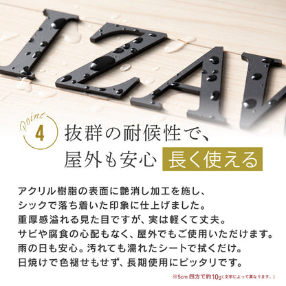 切り文字 表札 11cm~30cm 漢字 ひらがな カタカナ アルファベット 数字 番地 記号 大きめ (楷書体) ブラック ホワイト 艶消し マット 切文字 取付 ガイド 枠付き 名入れ 1文字から おしゃれ オーダー 会社 オフィス 店舗 看板 ドアプレート シール式 アイアン風 アクリル製 屋外対応 新築 結婚祝 (配送6)