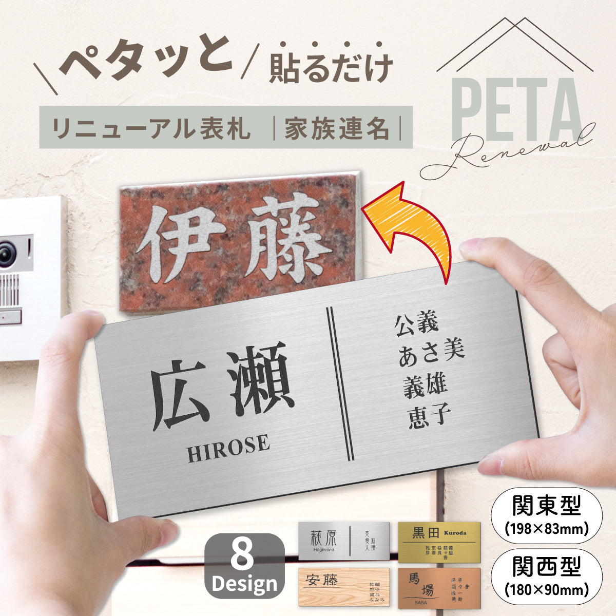 家族表札 名入れ 表札 かぶせる リフォーム 家族全員の名前 リニューアル ステンレス調 金属調 名入れ無料 表札の上から貼るだけ 表札貼り替え 中古住宅 リノベーション 屋外対応 アクリル 日本製 シール式 4色 シルバー ゴールド 送料無料 (配送2)