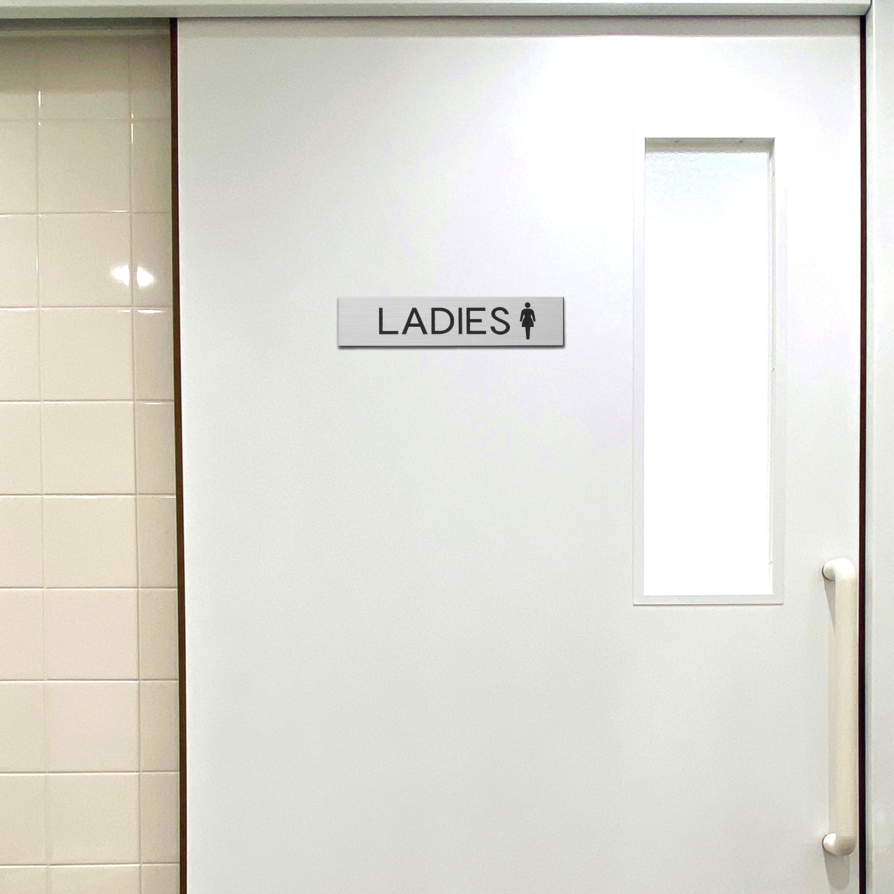 ドアプレート (LADIES マーク付き) シルバー ステンレス調 女子トイレ 女子 おしゃれ シンプル トイレサイン お手洗い 女 サインプレート ドア 室名 表示 プレート 表示サイン 会社 オフィス 病院 お店 店舗 銀 シール式 アクリル製 日本製 屋外対応 (配送2)