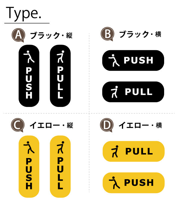 PUSH PULL ステッカー ピクトグラム シール ドアプレート サイン セット販売 艶消しブラック 黒 マットなイエロー 黄色 ドアサイン プッシュ プル 押す引く 押引 扉の案内標識 表示 おしゃれ 壁や扉 ドアに貼るだけ 防水 撥水 日本製 屋外対応 シール式 (配送2)