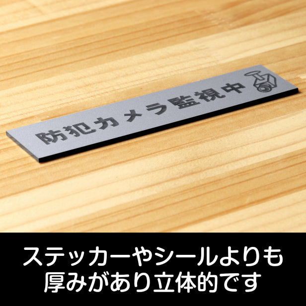 サインプレート (防犯カメラ監視中 マーク付) シルバー ステンレス調 ステッカー プレート おしゃれ ドア ドアプレート 注意表示板 表示サイン 防犯 ダミー 小型 家庭用 セキュリティ 表札 門柱 標識 注意書き 庭 屋外OK シール式 銀 アクリル製 日本製 (配送2)