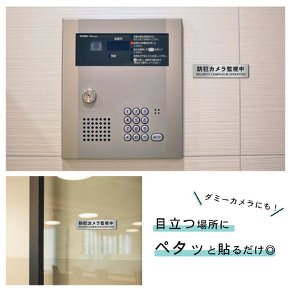 サインプレート (防犯カメラ監視中 英語付) シルバー ステンレス調 ステッカー プレート おしゃれ ドア ドアプレート 玄関 門 注意表示板 表示サイン 防犯 ダミー 家庭用 セキュリティ 表札 門柱 標識 注意書き 庭 屋外OK シール式 銀 アクリル製 日本製 (配送2)