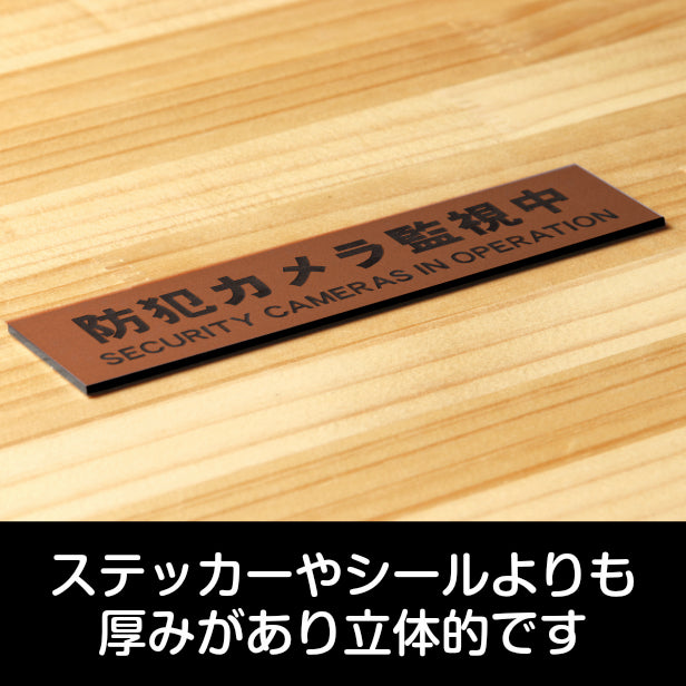 サインプレート (防犯カメラ監視中 英語付) ブロンズ 銅板風 ステッカー プレート おしゃれ ドア ドアプレート 玄関 門 注意表示板 表示サイン 防犯 ダミー 小型 家庭用 セキュリティ 表札 門柱 標識 注意書き 庭 屋外OK シール式 銅 アクリル製 日本製 (配送2)